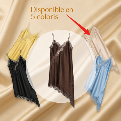 Robe Satinée Solène – Patchwork Romantique & Fines Bretelles
