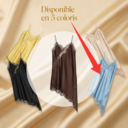 Robe Satinée Solène – Patchwork Romantique & Fines Bretelles