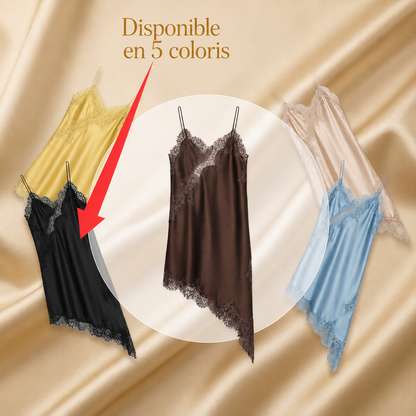 Robe Satinée Solène – Patchwork Romantique & Fines Bretelles