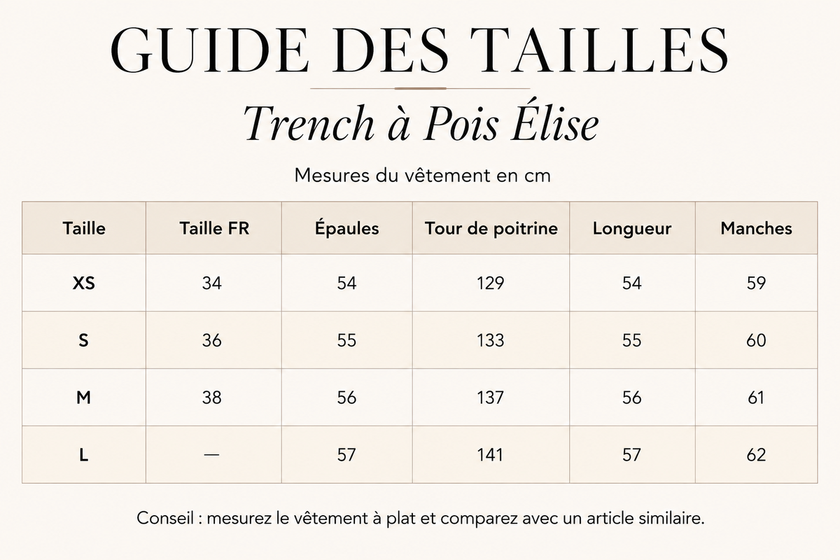 Guide des tailles pour Trench à Pois Élise – Col Montant & Taille Ajustable