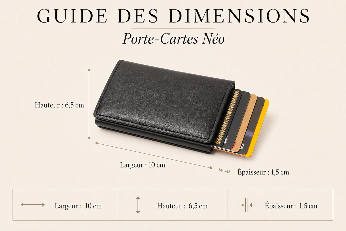 Guide des tailles pour Porte-Cartes Néo – Aluminium & Finition Similicuir