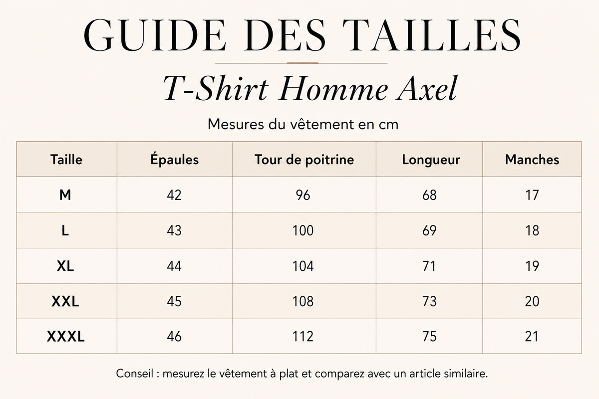 Guide des tailles pour T-Shirt Homme Axel – Coupe Ajustée & Manches Courtes
