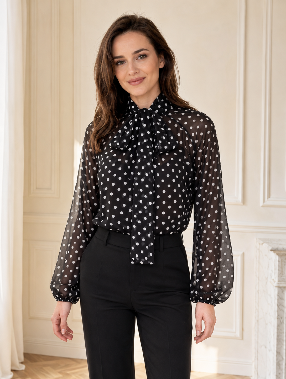 Céliane – Blouse à Pois avec Nœud Lavallière