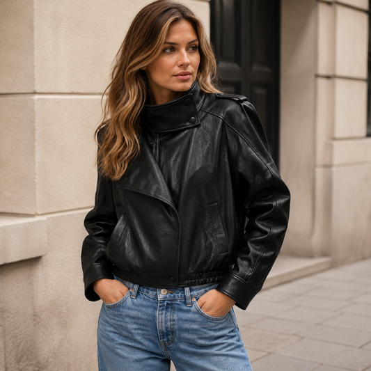 Femme portant la veste courte Élyne en similicuir noir à col montant asymétrique dans un décor urbain.