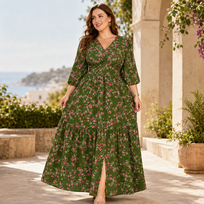 Mélina – Robe Longue Fleurie Grande Taille à Col V