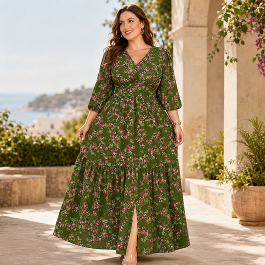 Mélina – Robe Longue Fleurie Grande Taille à Col V