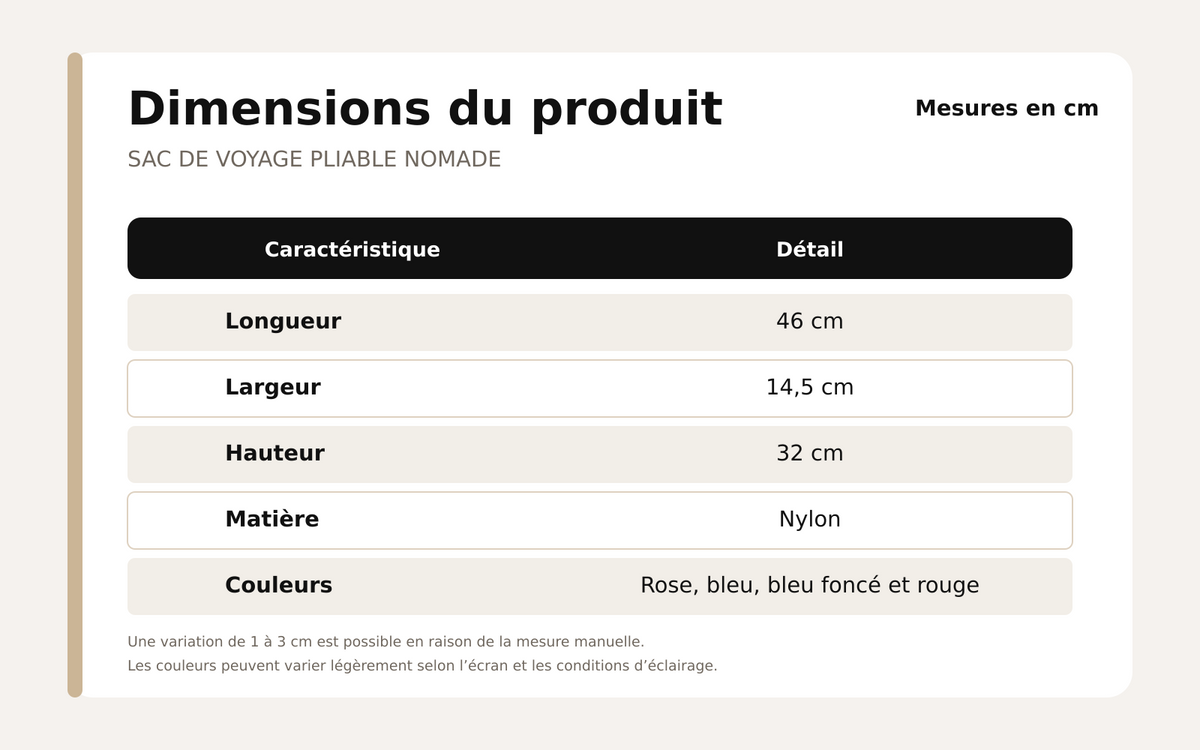 Guide des tailles pour Sac de Voyage Pliable Nomade – Léger & Compact