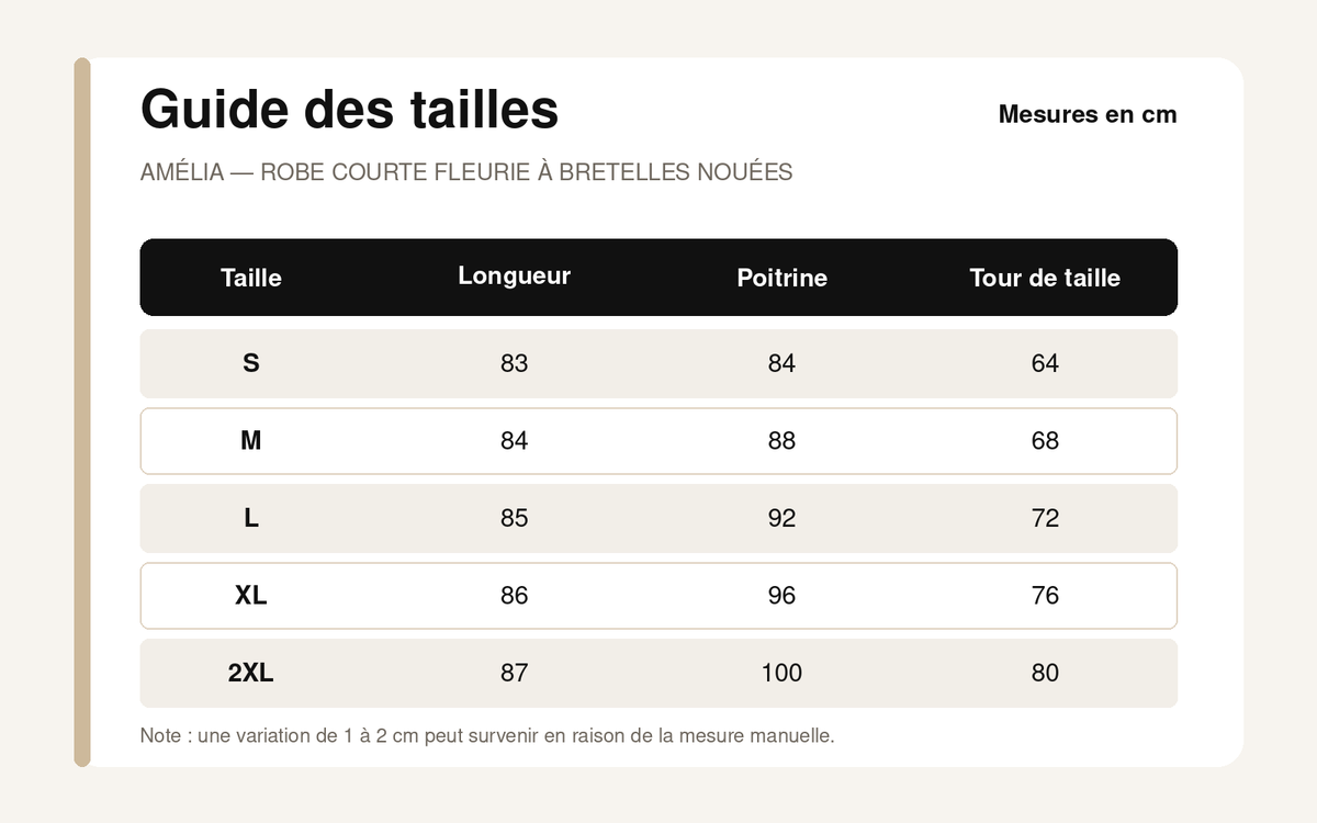 Guide des tailles pour Amélia – Robe Courte Fleurie à Bretelles Nouées