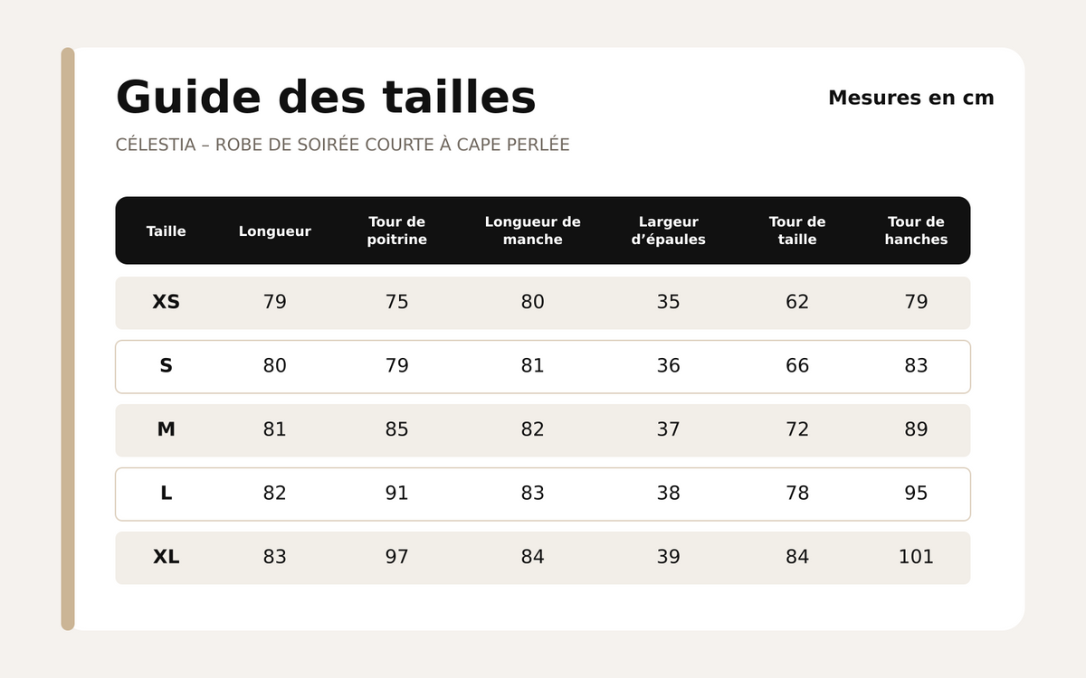 Guide des tailles pour Célestia – Robe de Soirée Courte à Cape Perlée