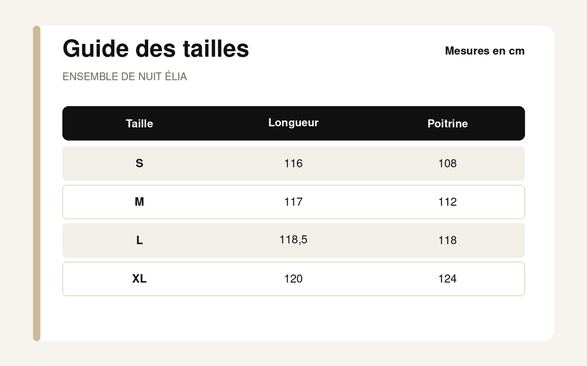Guide des tailles pour Ensemble de Nuit Élia – Nuisette & Kimono Satinés Imprimés