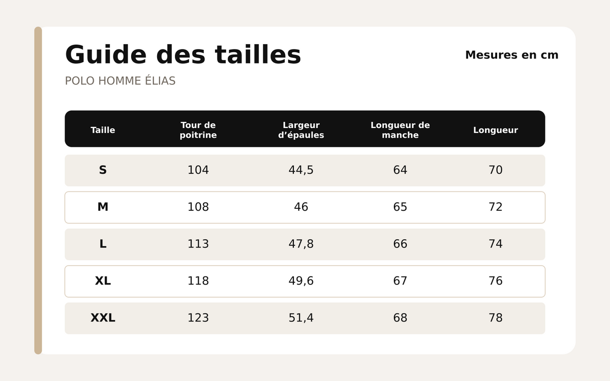Guide des tailles pour Polo Homme Élias – Manches Longues & Broderie Cerf