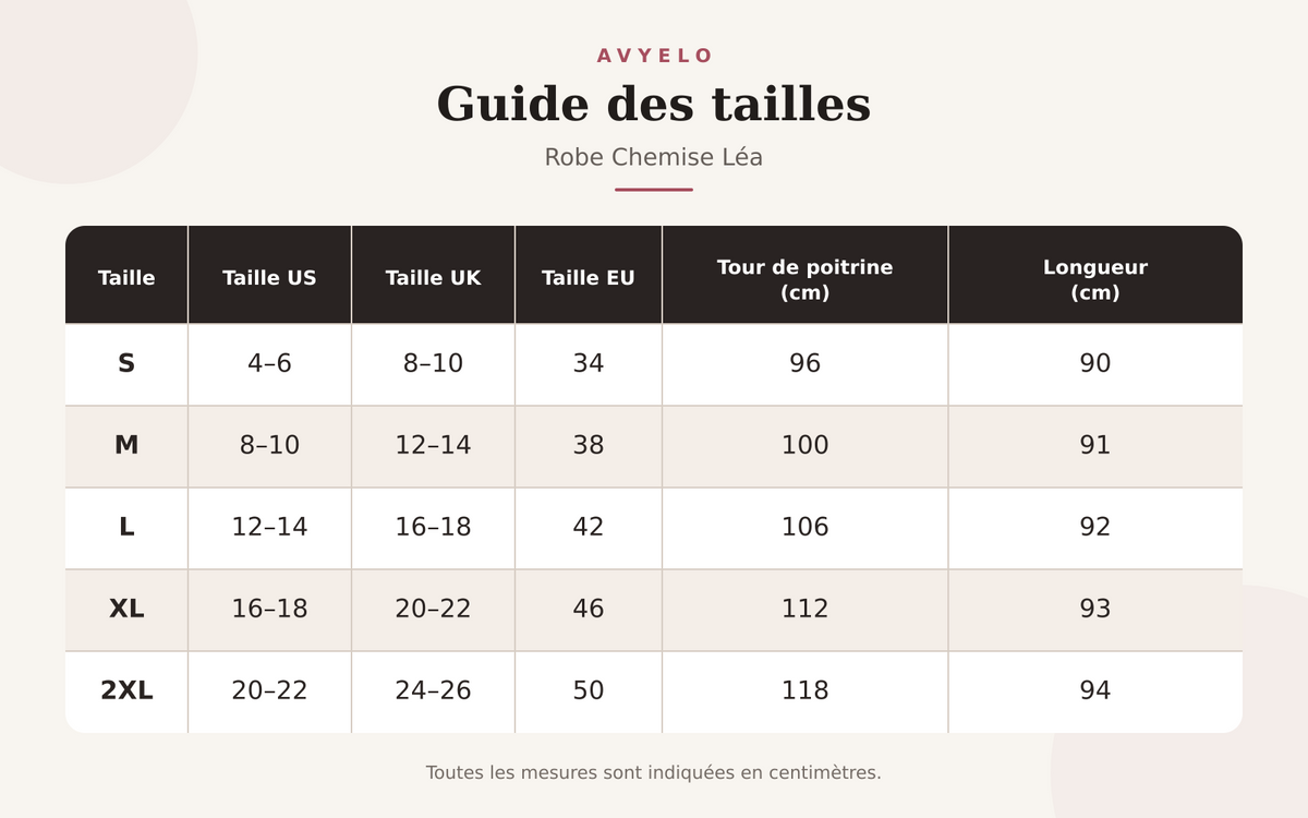 Guide des tailles pour Robe Chemise Léa – Coupe Fluide Boutonnée & Poches