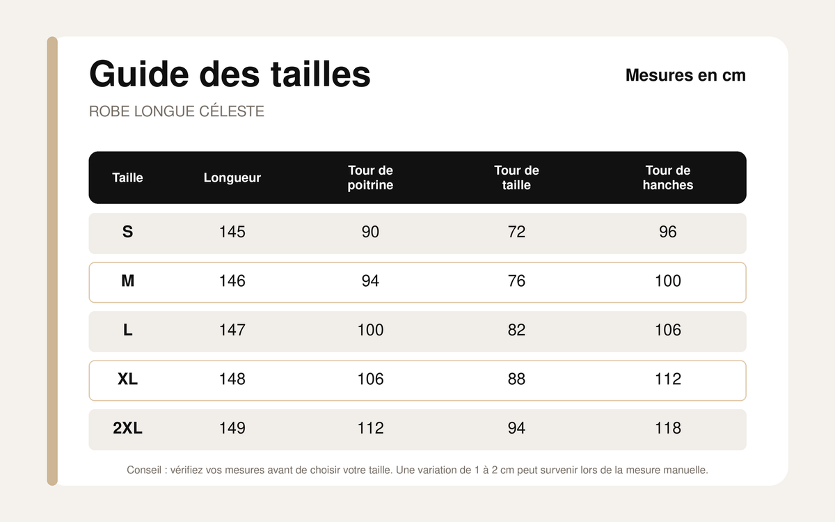 Guide des tailles pour Robe Longue Céleste – Bustier Plissé & Fente Élégante