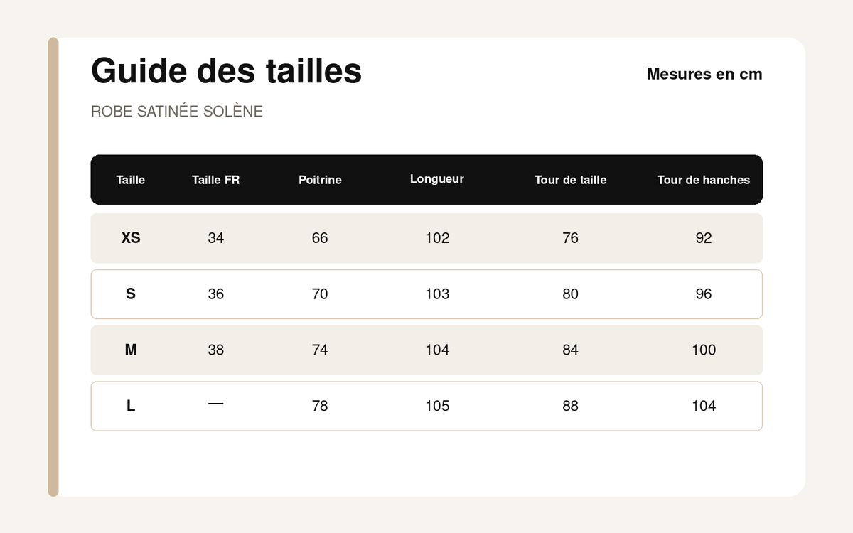 Guide des tailles pour Robe Satinée Solène – Patchwork Romantique & Fines Bretelles