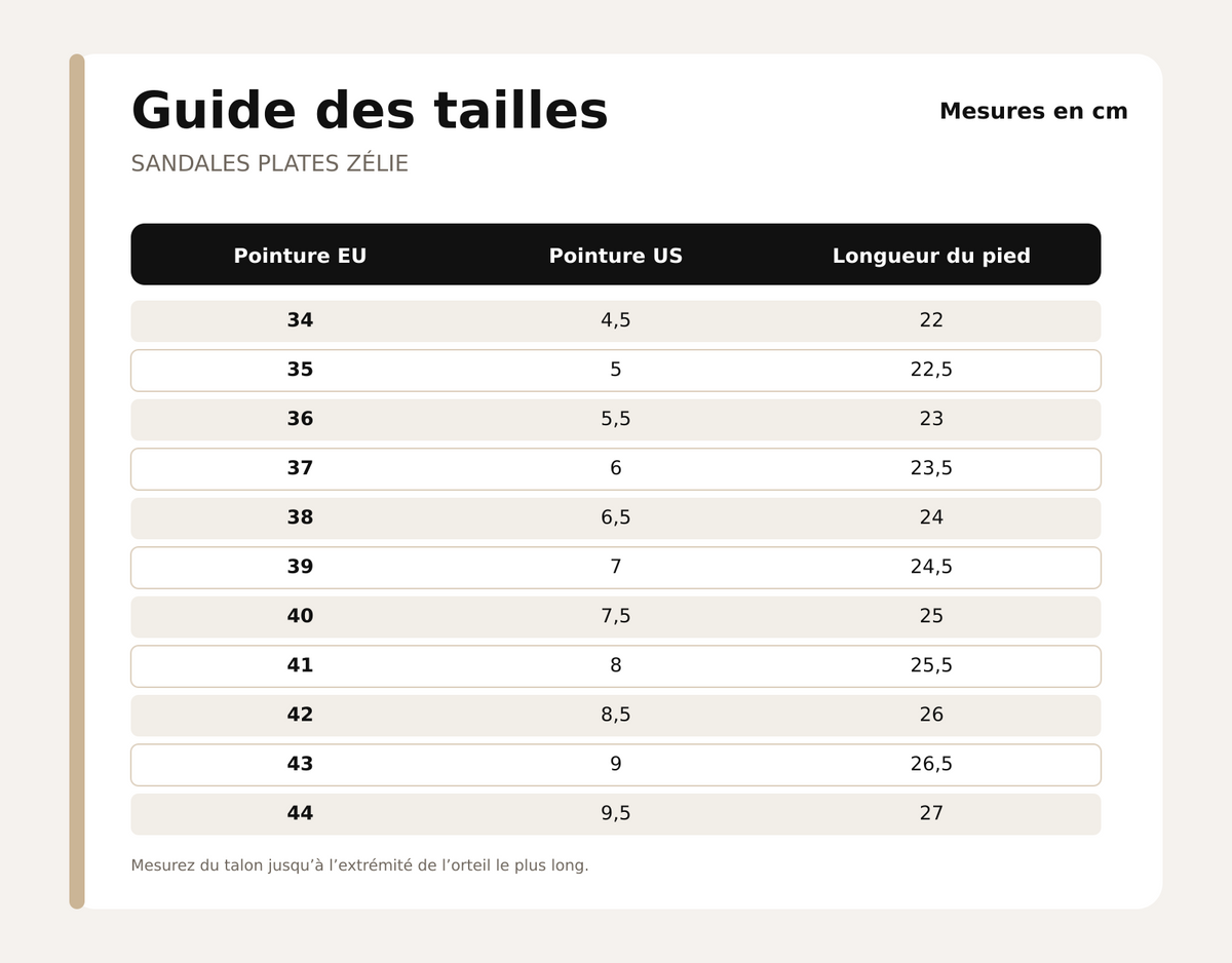 Guide des tailles pour Sandales Plates Zélie – Bout Pointu & Imprimé Zèbre