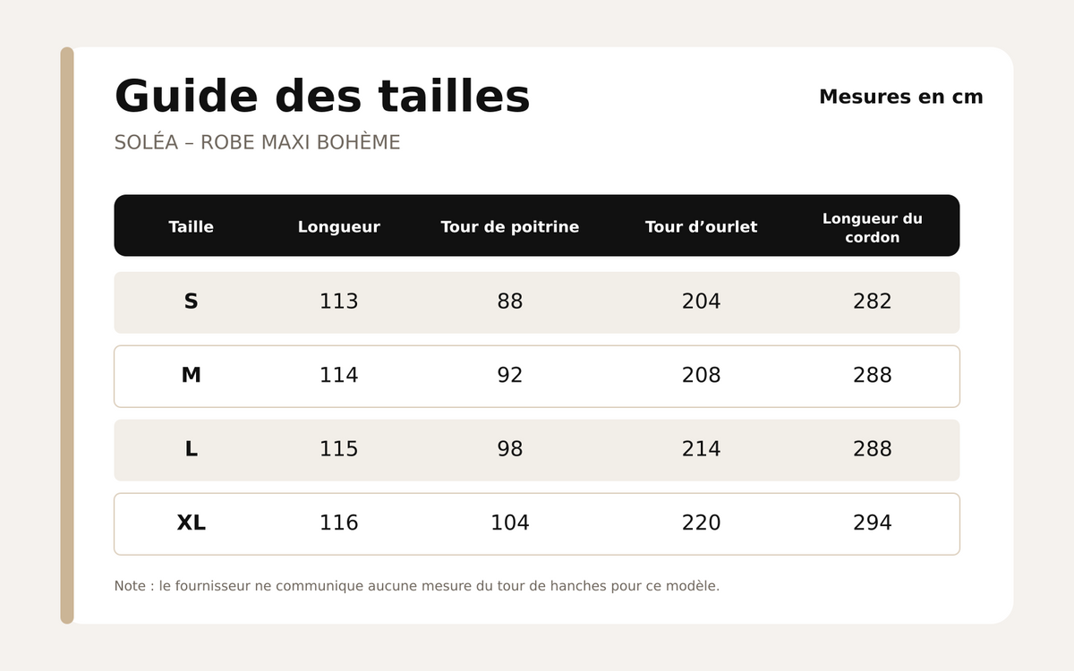 Guide des tailles pour Soléa – Robe Maxi Bohème Dos Nu à Fines Bretelles