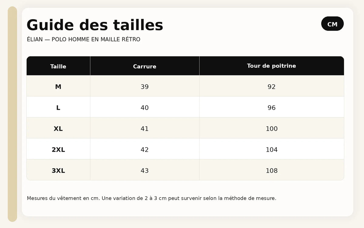 Guide des tailles pour Élian – Polo Homme en Maille Rétro