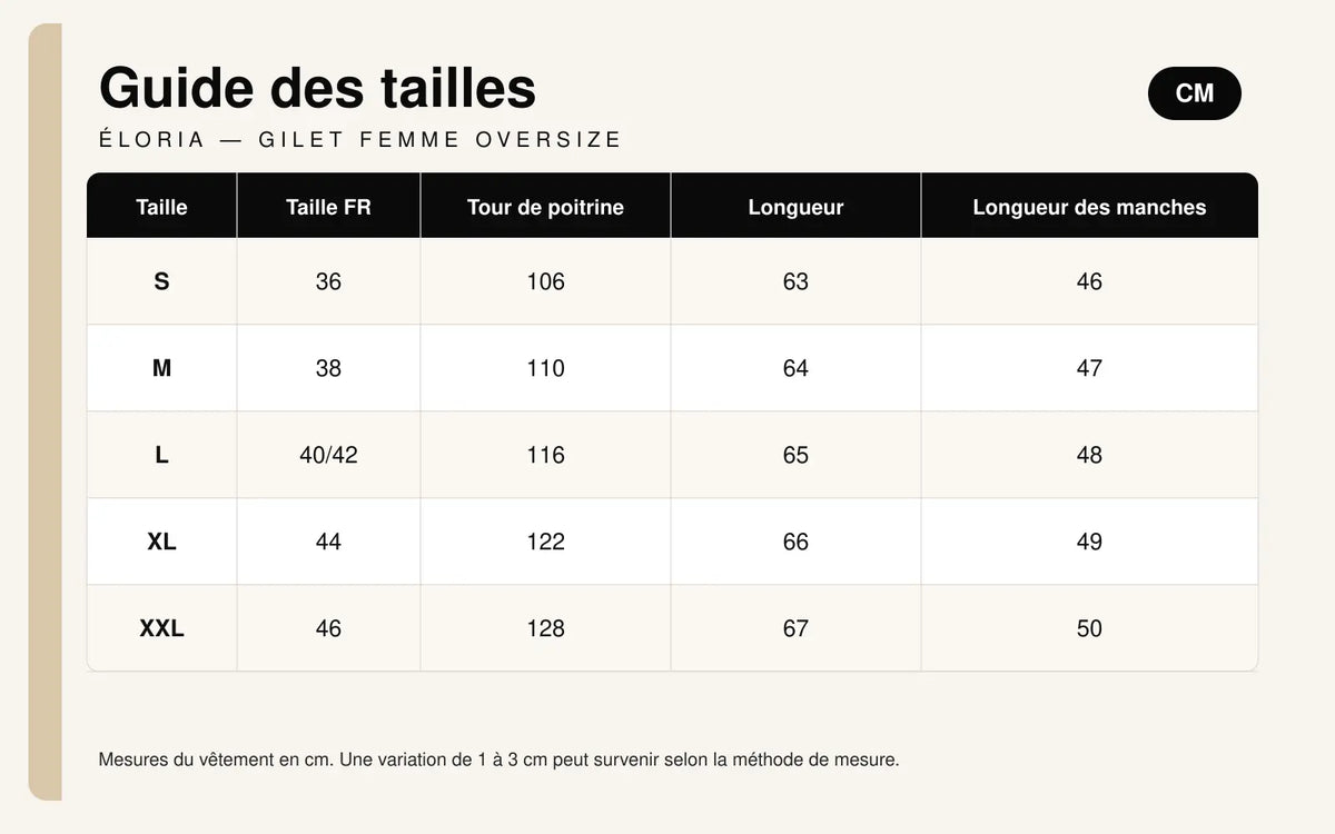 Guide des tailles pour Éloria — Gilet oversize à boutons dorés
