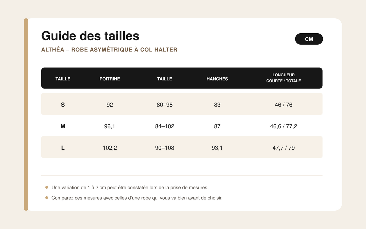 Guide des tailles pour Althéa – Robe Asymétrique à Col Halter