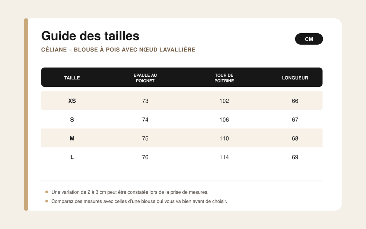 Guide des tailles pour Céliane – Blouse à Pois avec Nœud Lavallière