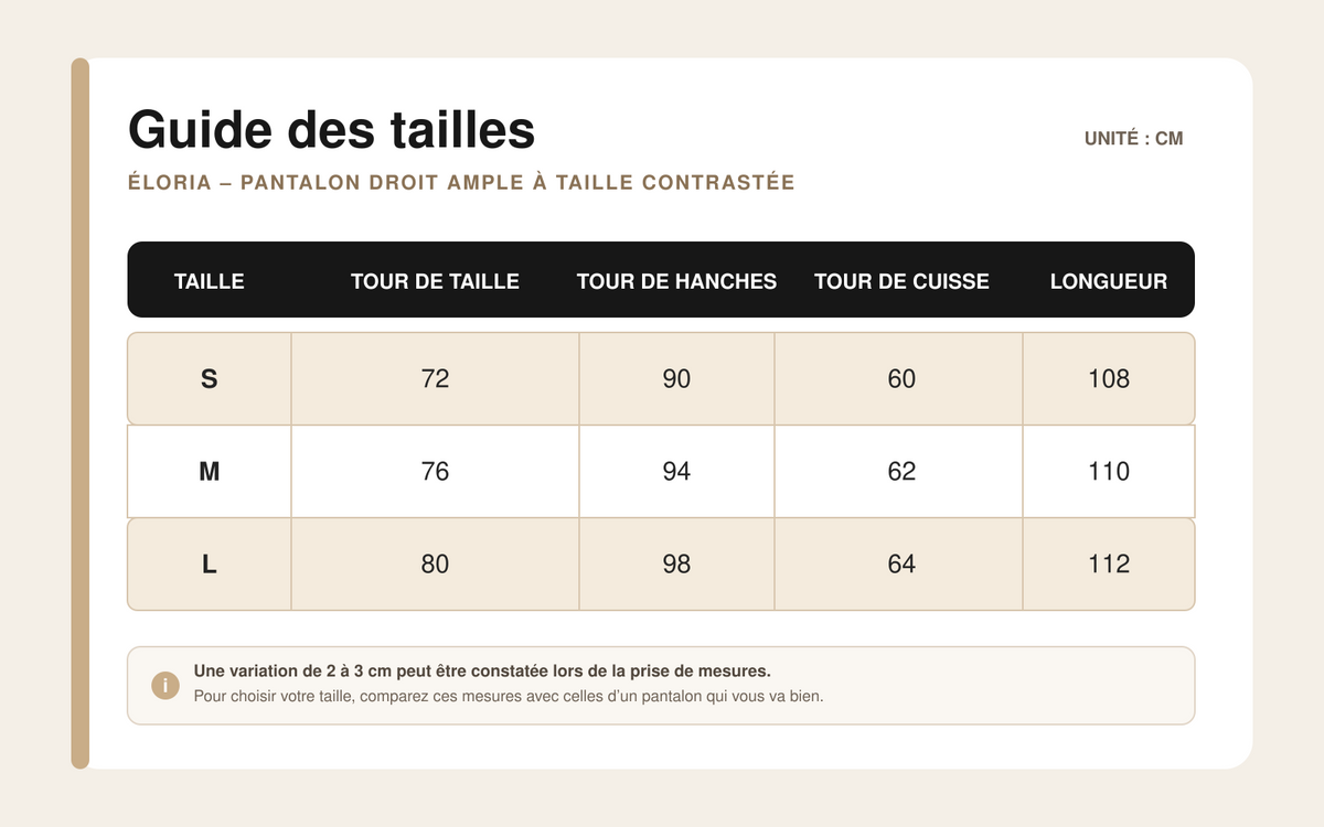 Guide des tailles pour Éloria – Pantalon Droit Ample à Taille Contrastée