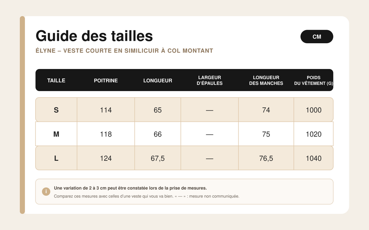 Guide des tailles pour Élyne – Veste Courte en Similicuir à Col Montant