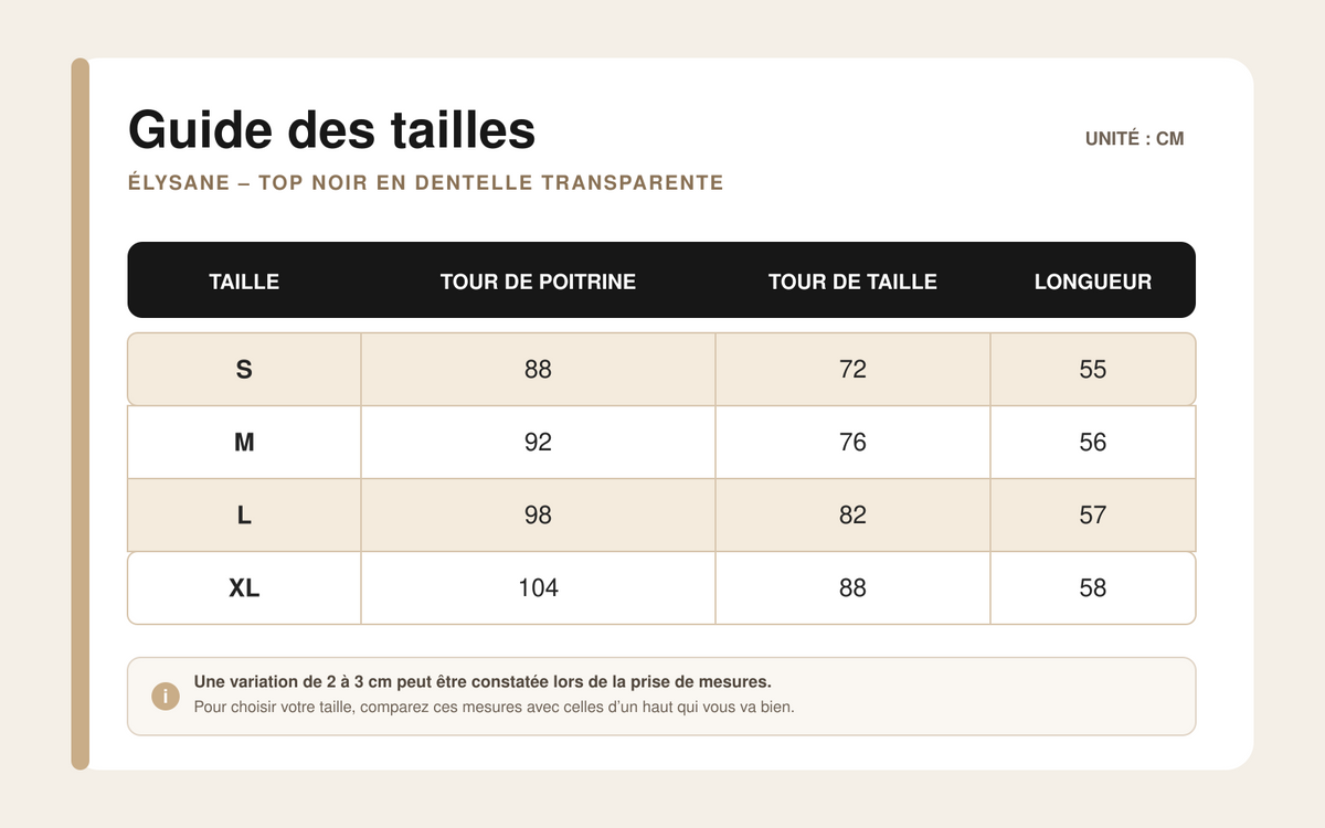 Guide des tailles pour Élysane – Top en Dentelle Transparente