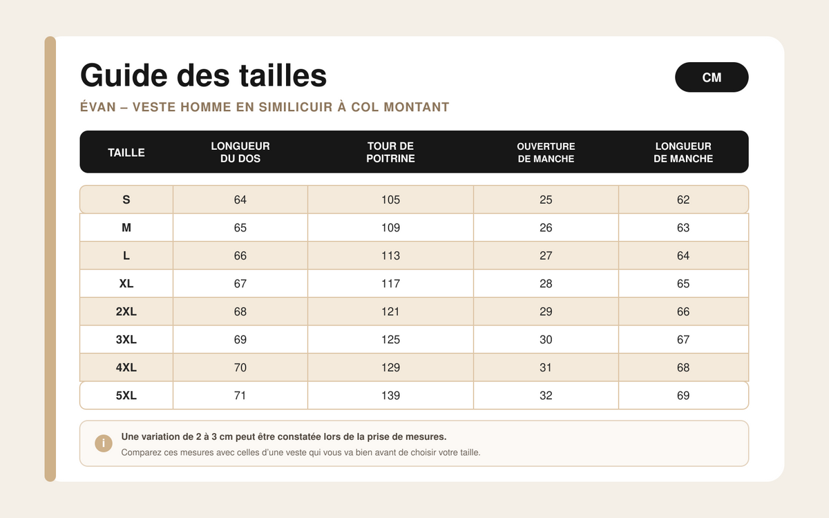 Guide des tailles pour Évan – Veste Homme en Similicuir à Col Montant