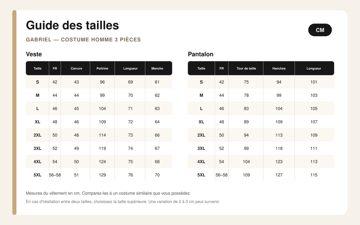 Guide des tailles pour Gabriel – Costume Homme 3 Pièces à Revers Satinés