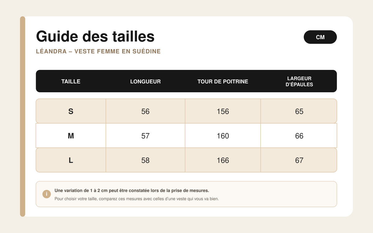 Guide des tailles pour Léandra – Veste Femme en Suédine à Coupe Ample