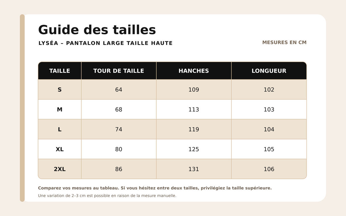 Guide des tailles pour Lyséa – Pantalon Large Taille Haute