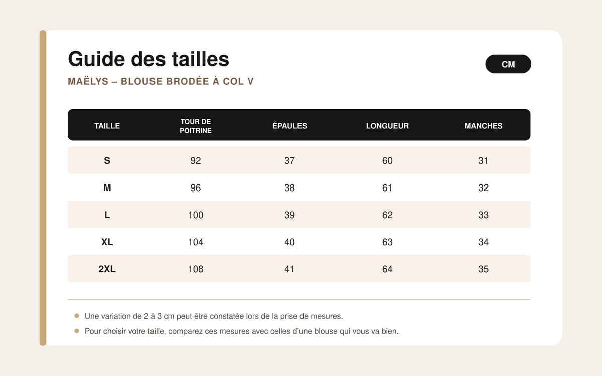 Guide des tailles pour Maëlys – Blouse Brodée à Col V
