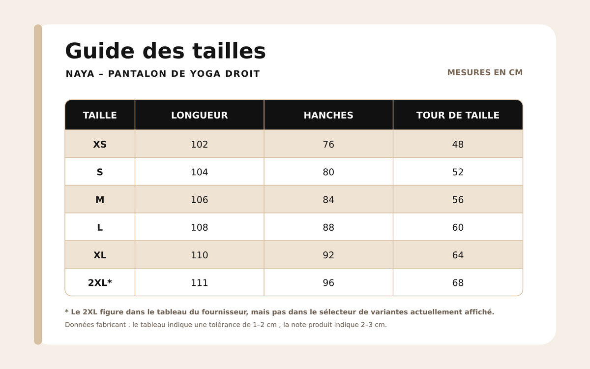 Guide des tailles pour Naya – Pantalon de Yoga Droit