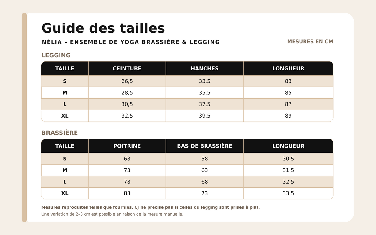 Guide des tailles pour Nélia – Ensemble de Yoga Brassière & Legging