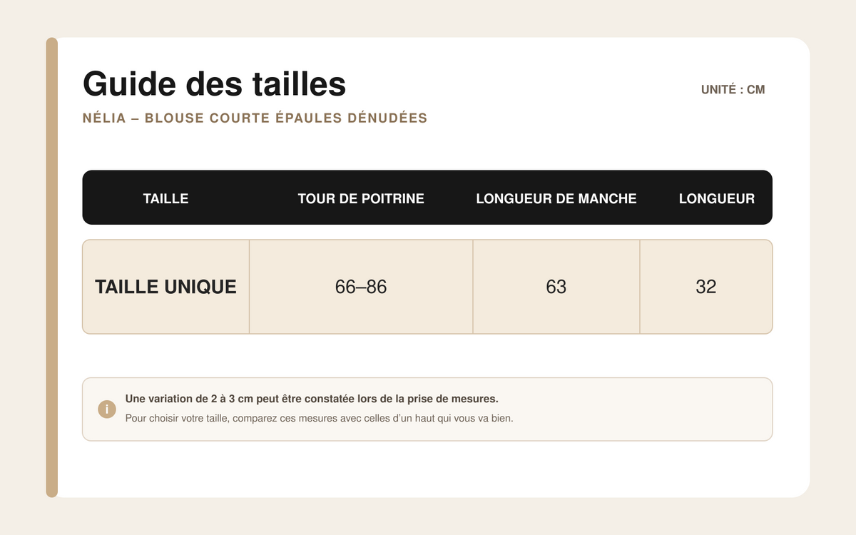Guide des tailles pour Nélia – Blouse Courte Épaules Dénudées
