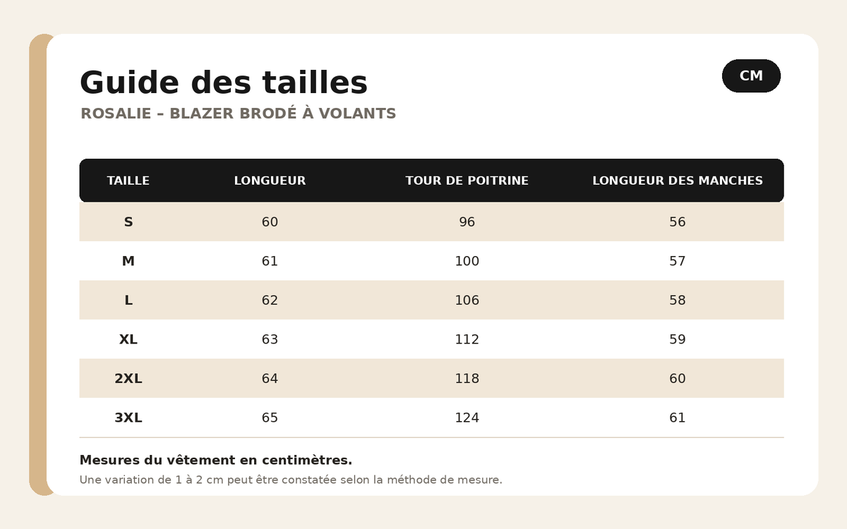 Guide des tailles pour Rosalie – Blazer Brodé à Volants