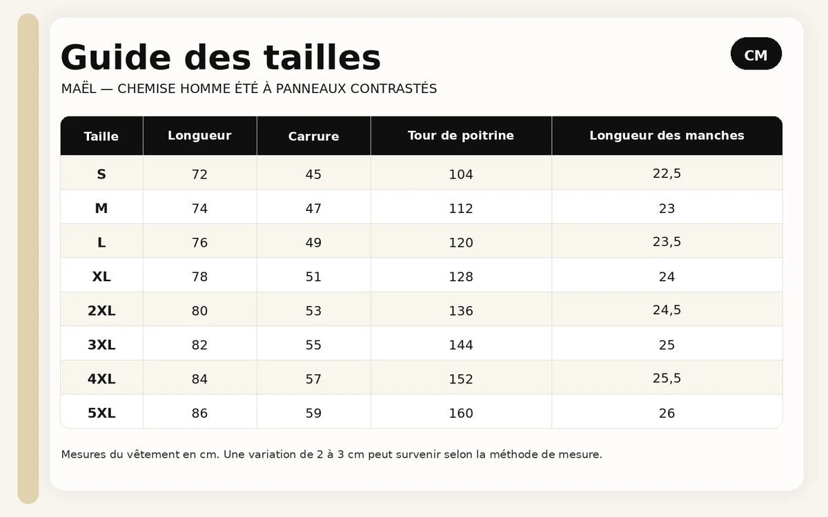 Guide des tailles pour Maël – Chemise Homme Été à Panneaux Contrastés